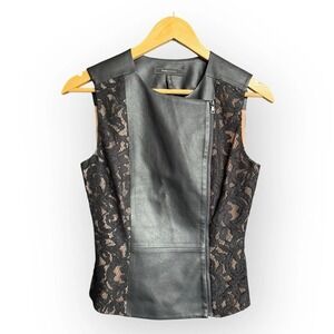 BCBGMAXAZRIA Black Faux Leather Vest Lace Accent Zip Moto XS Womens